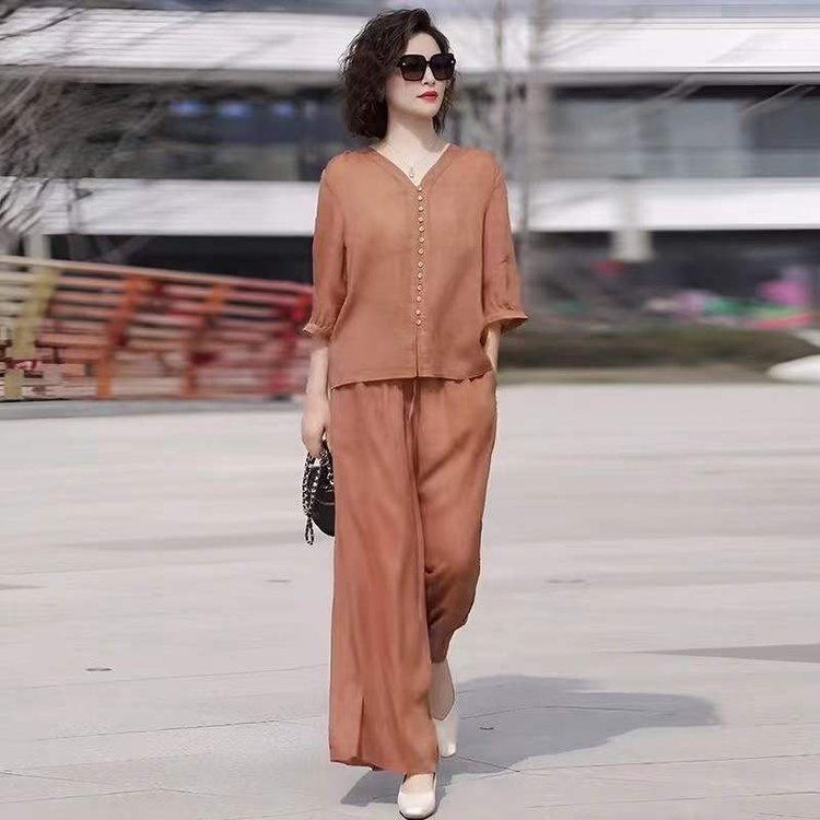 Casual 3/4 Sleeves Solid Slim Pajama Set - Orange