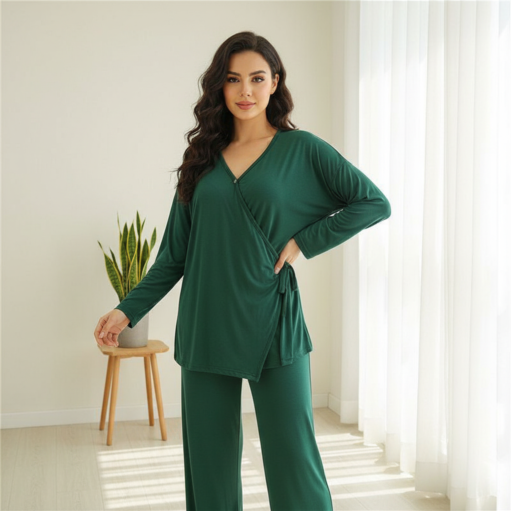 Green Emerald Wrap-Style Loungewear Set