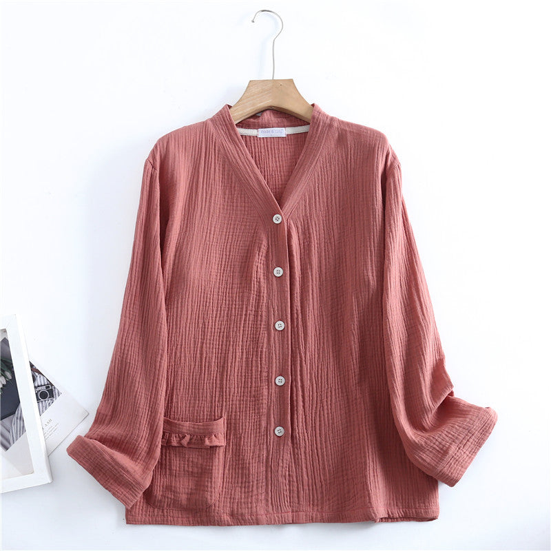 Brick Red Bow Pocket Cotton Pajama Set