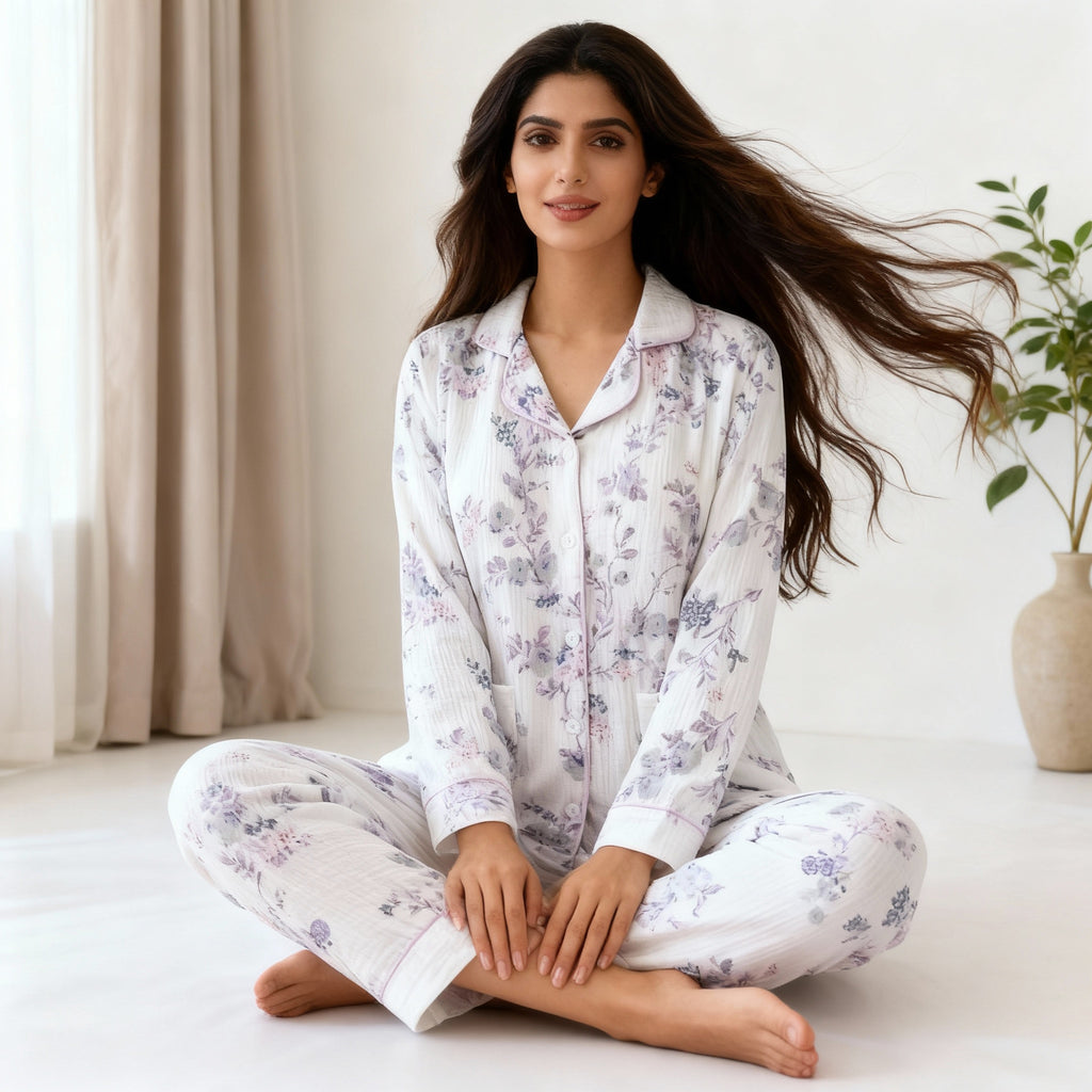 Purple Pipe Lining Padded Floral Print Cotton Pajama Set
