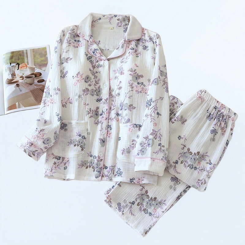 Purple Pipe Lining Padded Floral Print Cotton Pajama Set