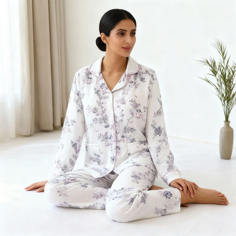 Purple Pipe Lining Padded Floral Print Cotton Pajama Set