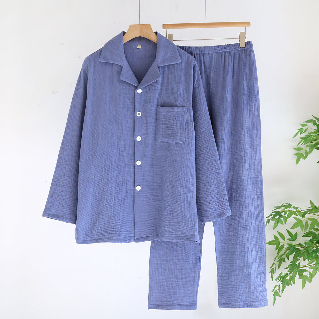 Cotton Solid Blue Long Pajama Set