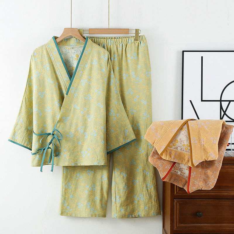 Floral Print Yarn-Dyed Cotton Kimono Pajama Set - Green
