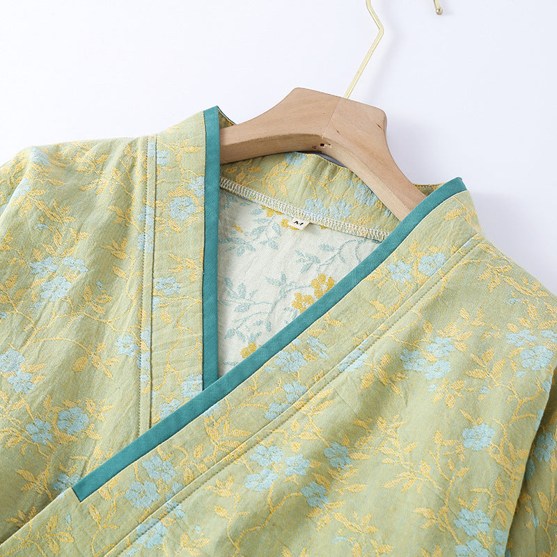 Floral Print Yarn-Dyed Cotton Kimono Pajama Set - Green