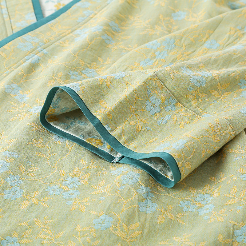 Floral Print Yarn-Dyed Cotton Kimono Pajama Set - Green