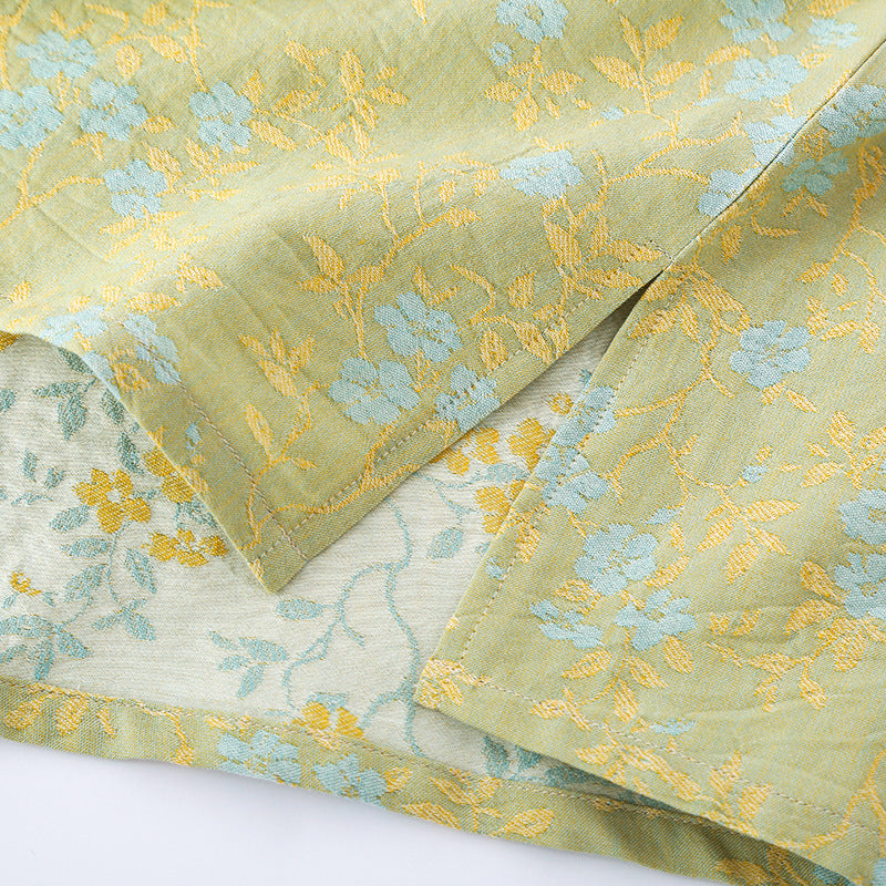 Floral Print Yarn-Dyed Cotton Kimono Pajama Set - Green