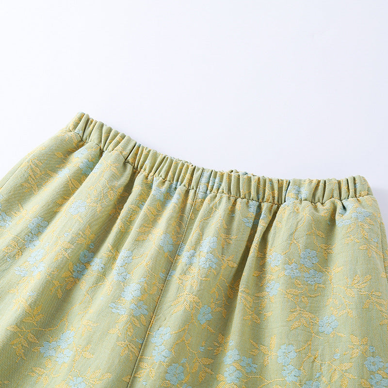 Floral Print Yarn-Dyed Cotton Kimono Pajama Set - Green
