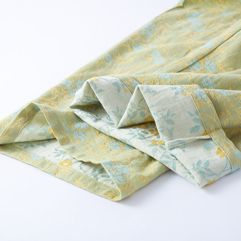 Floral Print Yarn-Dyed Cotton Kimono Pajama Set - Green