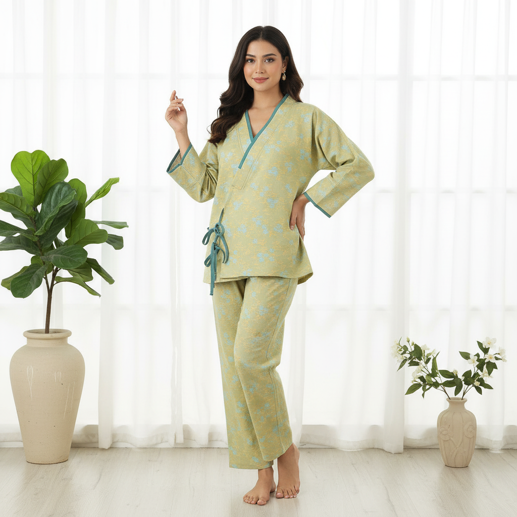 Floral Print Yarn-Dyed Cotton Kimono Pajama Set - Green