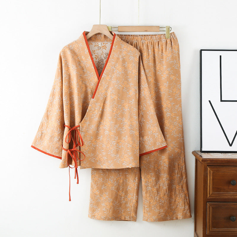 Floral Print Yarn-Dyed Cotton Kimono Pajama Set