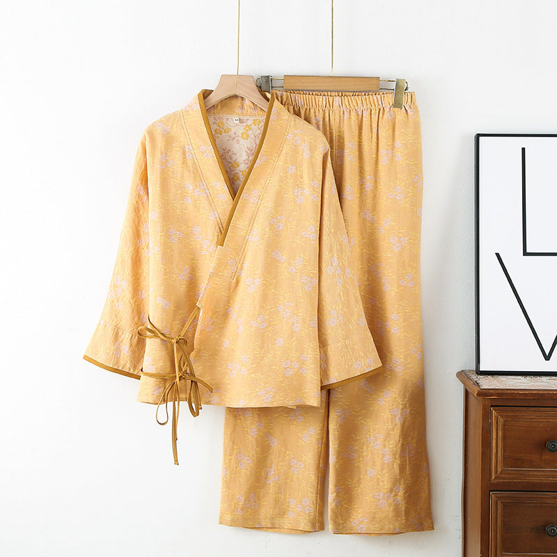 Coffee Floral Print Yarn-Dyed Cotton Kimono Pajama Set