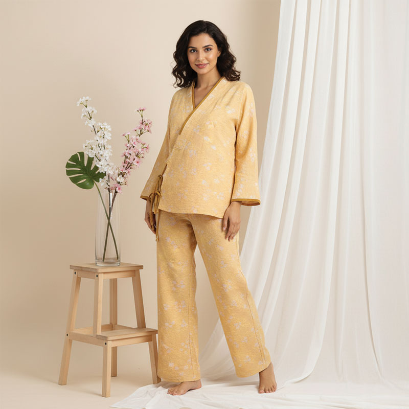 Coffee Floral Print Yarn-Dyed Cotton Kimono Pajama Set