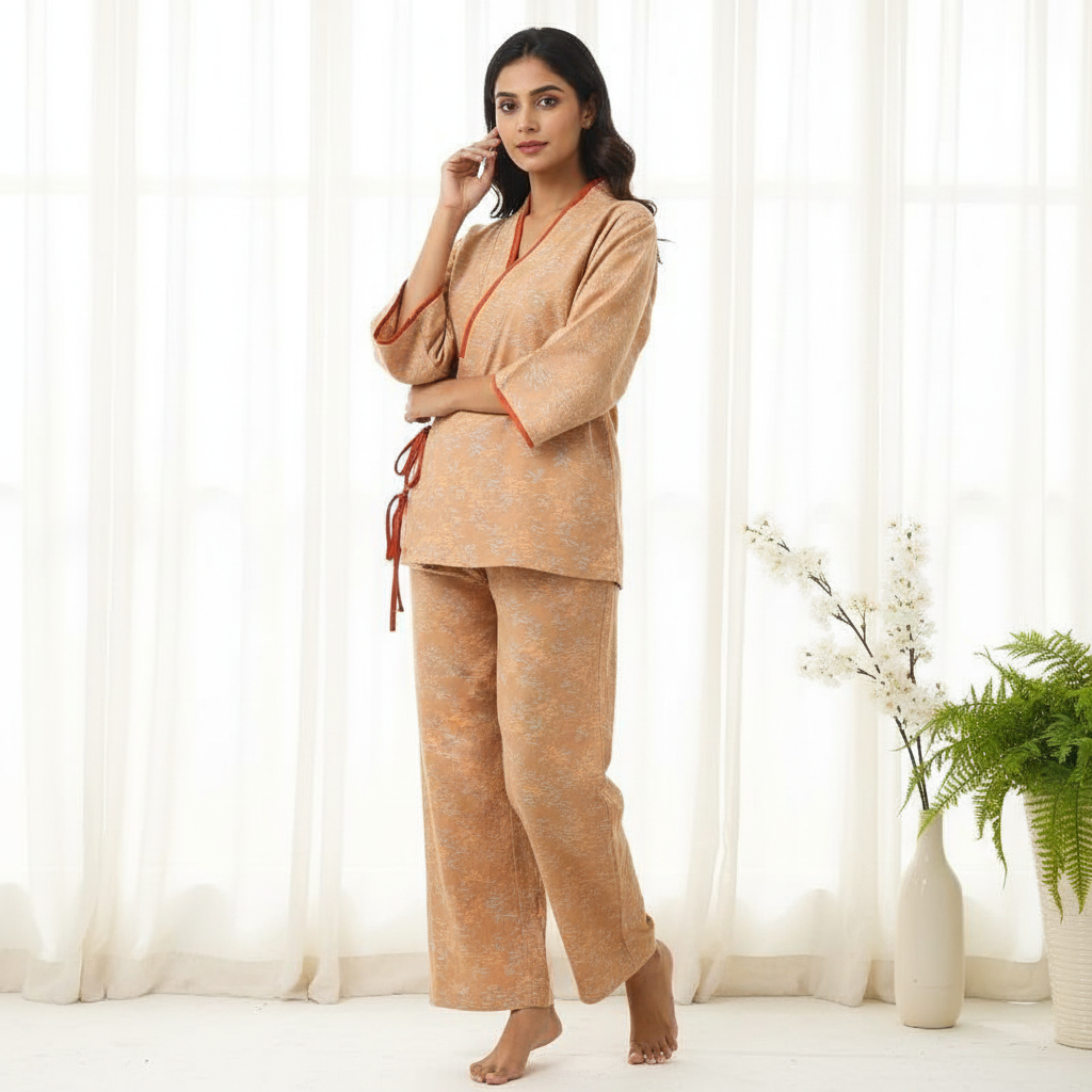 Floral Print Yarn-Dyed Cotton Kimono Pajama Set