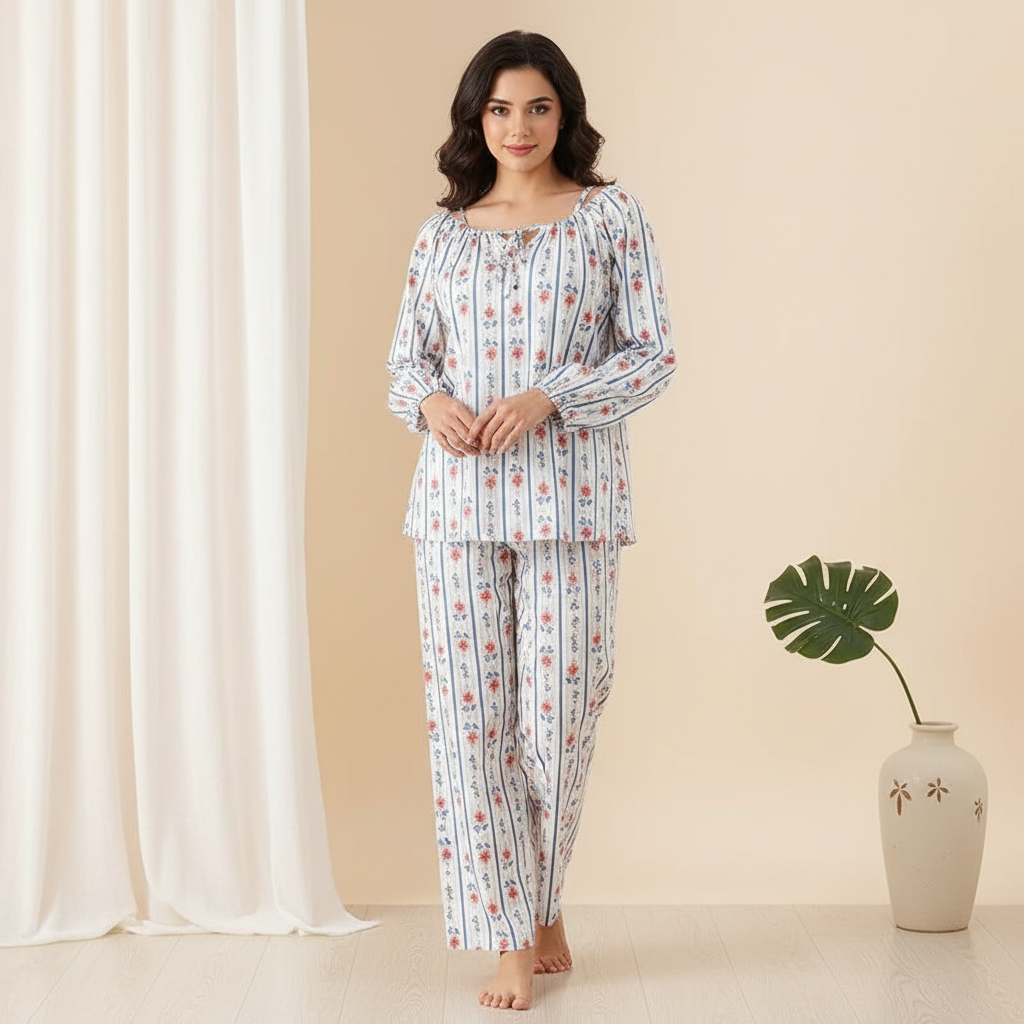 Parisian Chic Striped Floral Cotton Co-ord Pyjama Set