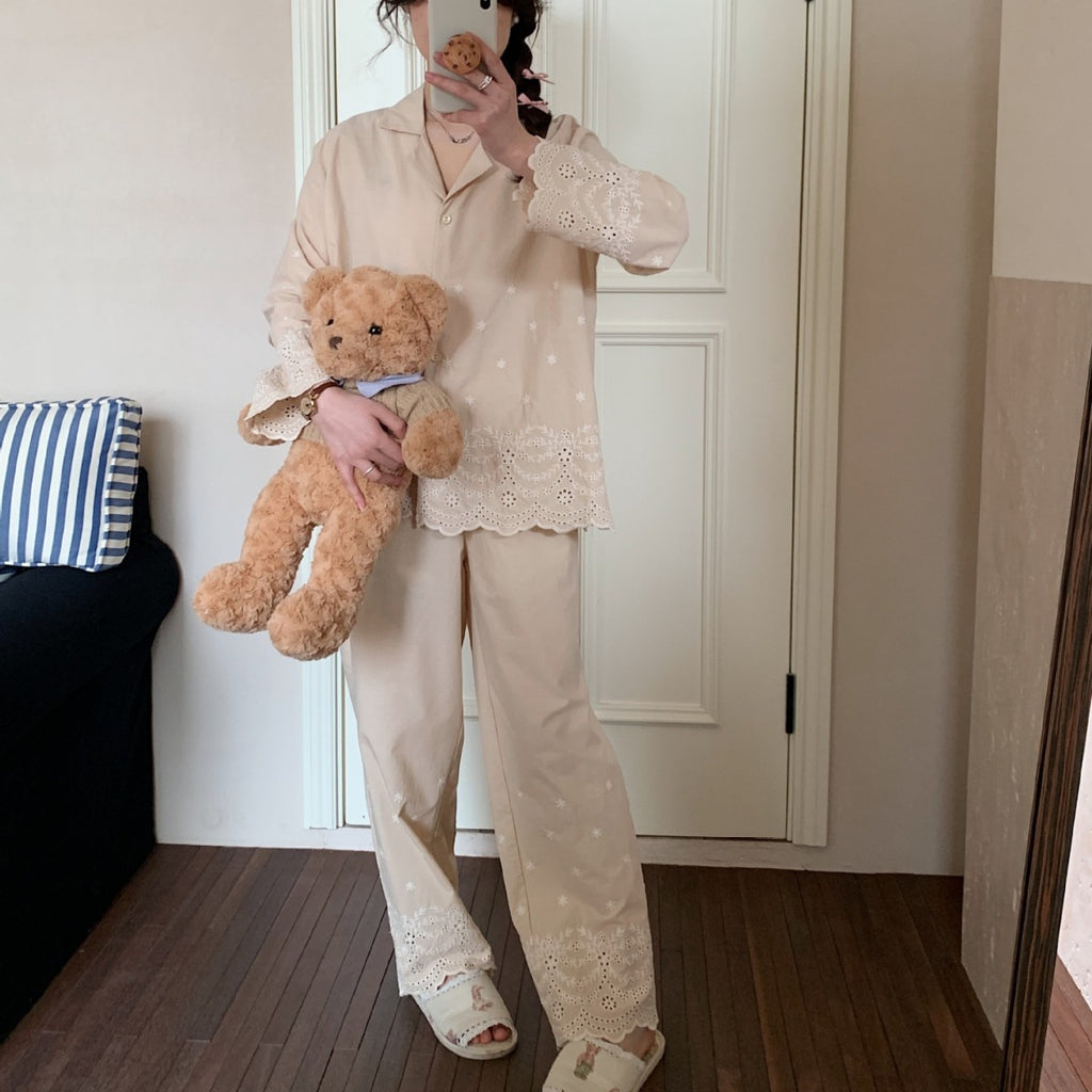 Premium Cotton Beige Embroidered Pajama Suit