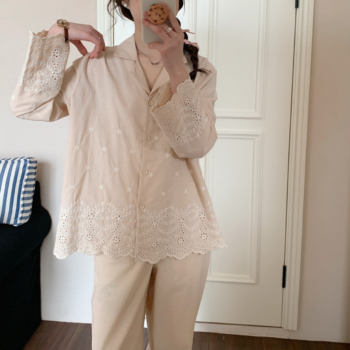 Premium Cotton Beige Embroidered Pajama Suit