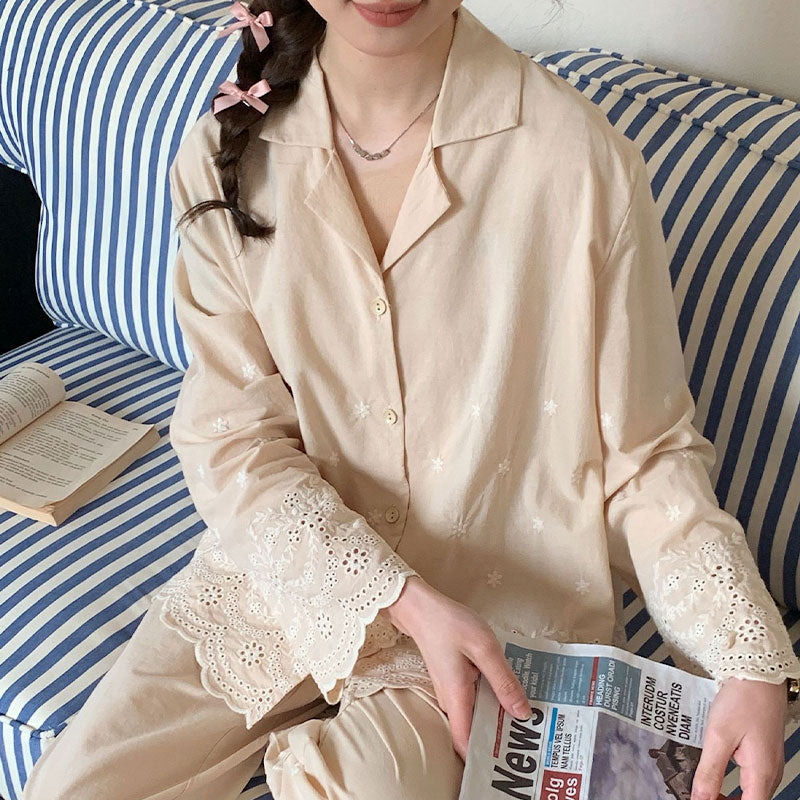 Premium Cotton Beige Embroidered Pajama Suit