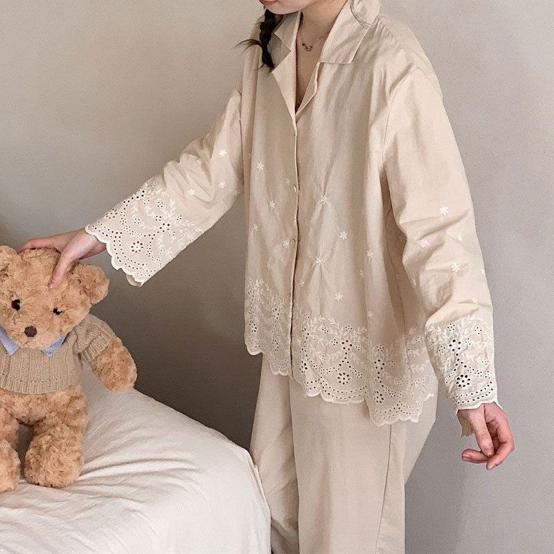 Premium Cotton Beige Embroidered Pajama Suit