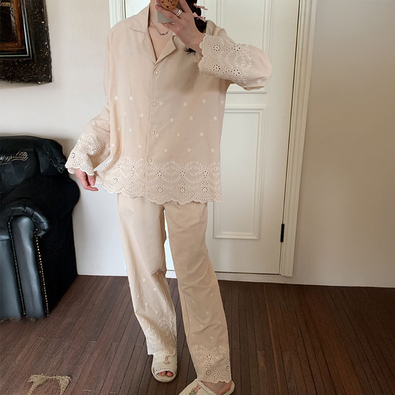 Premium Cotton Beige Embroidered Pajama Suit