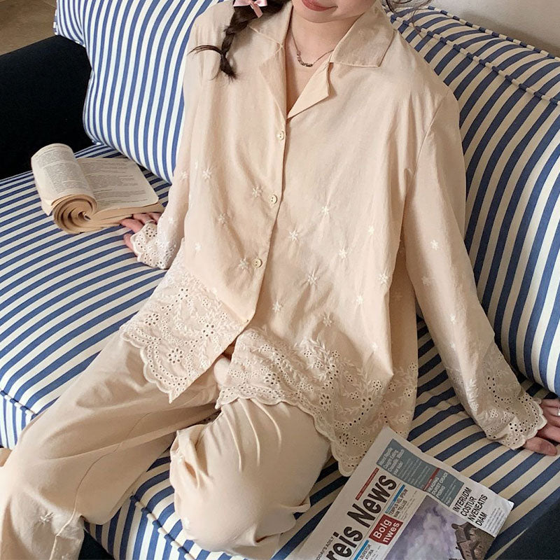 Premium Cotton Beige Embroidered Pajama Suit