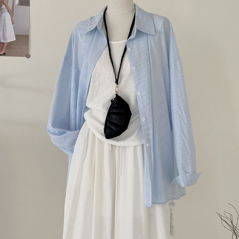 Light Cotton Back Slit Tie-up Striped 3PC Pajama Set