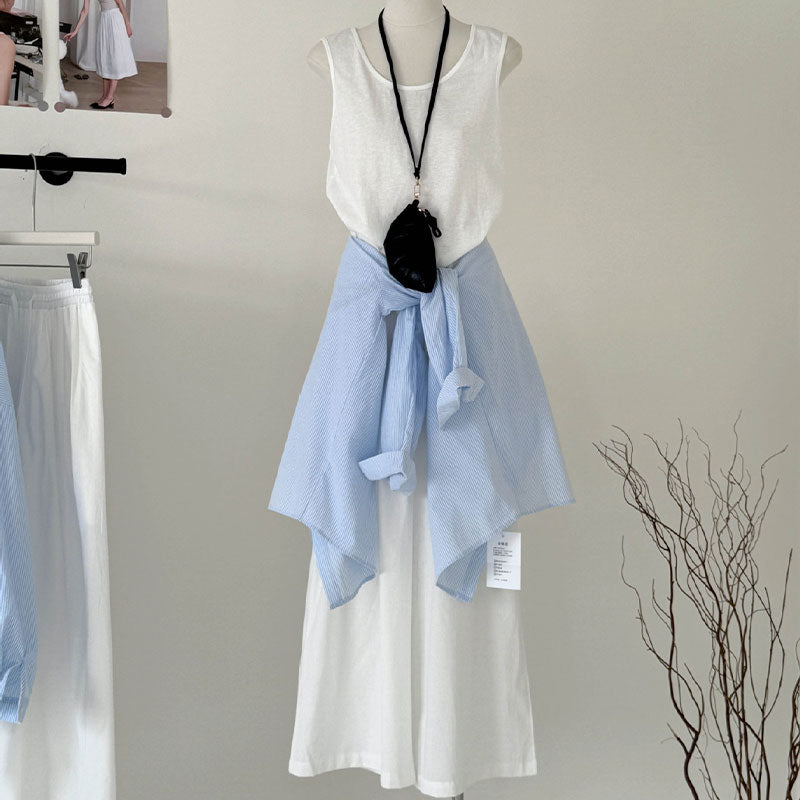 Light Cotton Back Slit Tie-up Striped 3PC Pajama Set