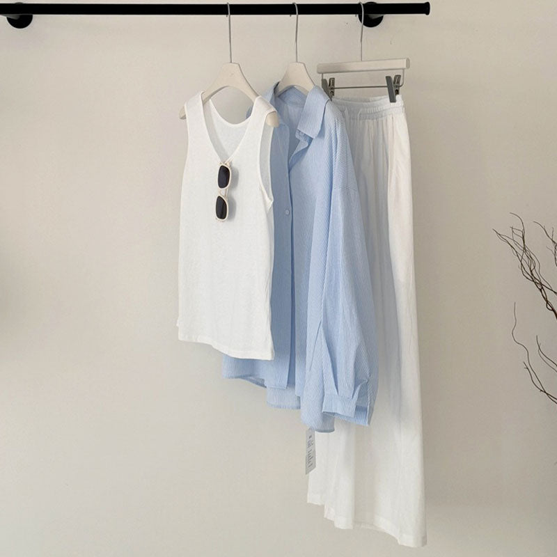 Light Cotton Back Slit Tie-up Striped 3PC Pajama Set