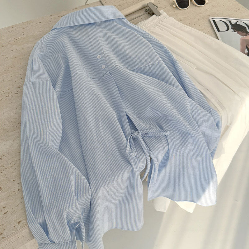 Light Cotton Back Slit Tie-up Striped 3PC Set