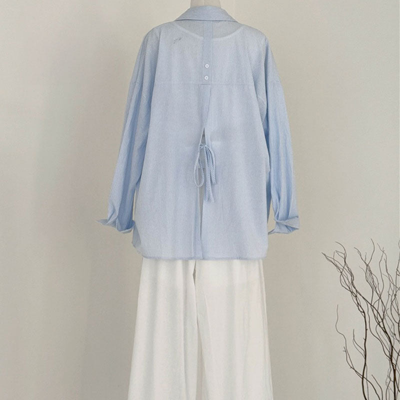 Light Cotton Back Slit Tie-up Striped 3PC Pajama Set