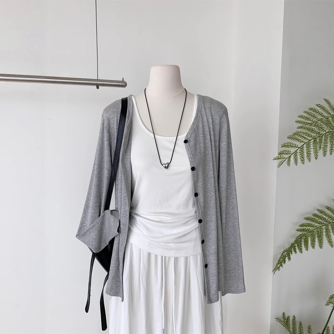 Wide Leg Bottom with Grey Cardigan 3PC Pajama Set