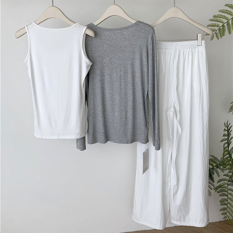 Wide Leg Bottom with Grey Cardigan 3PC Pajama Set