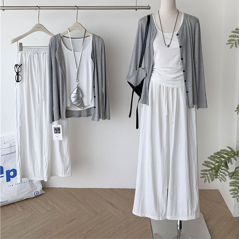 Wide Leg Bottom with Grey Cardigan 3PC Set