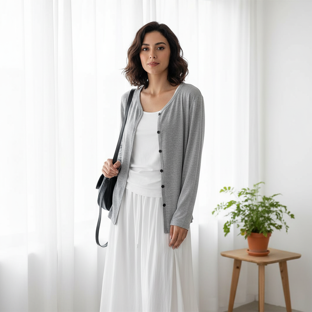 Wide Leg Bottom with Grey Cardigan 3PC Pajama Set