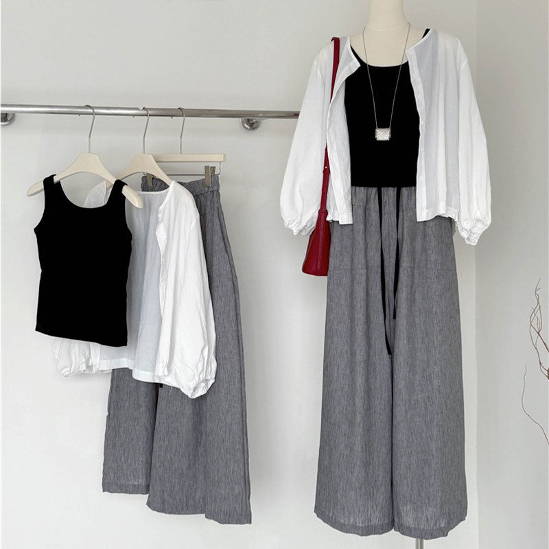 Black Tank Top White Cardigan Gray Wide-Leg Pants 3PC Set
