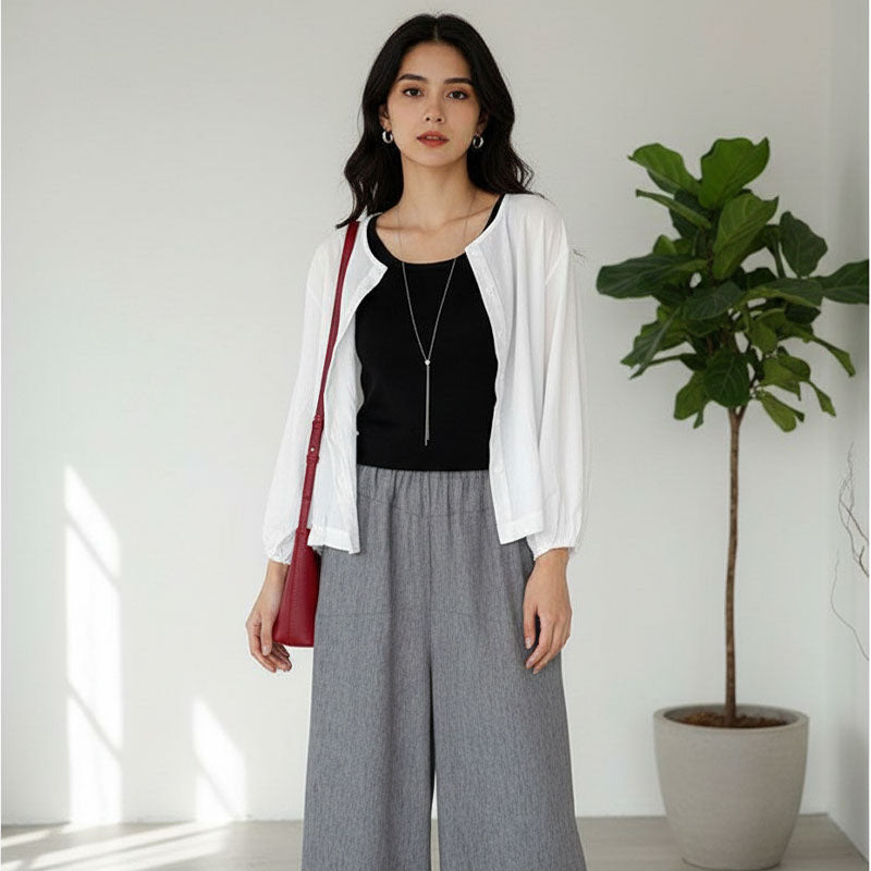 Black Tank Top White Cardigan Gray Wide-Leg Pants 3PC Set