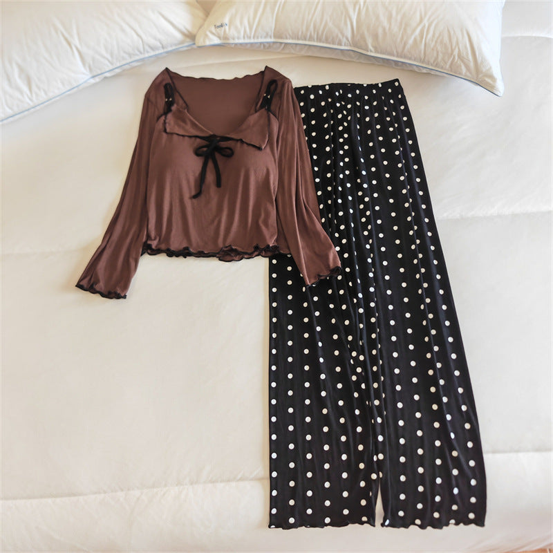 Contrast tie-up Polka Dots 3PC Cotton Pajama Set - Brown