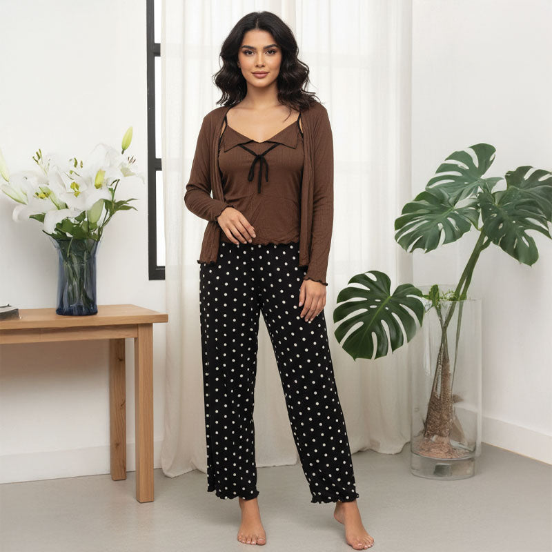 Contrast tie-up Polka Dots 3PC Cotton Pajama Set - Brown