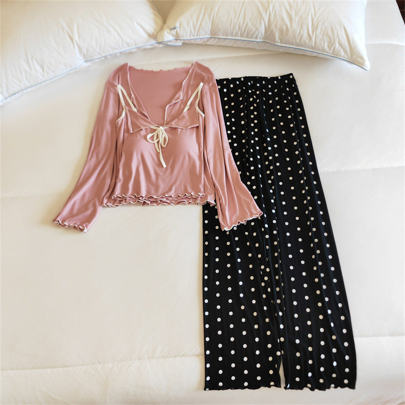 Contrast tie-up Polka Dots 3PC Cotton Pajama Set - Rose Pink