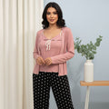 Contrast tie-up Polka Dots 3PC Cotton Pajama Set - Rose Pink