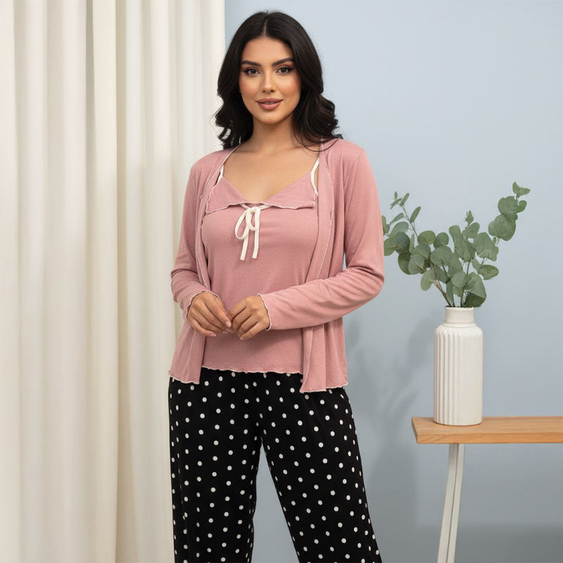 Contrast tie-up Polka Dots 3PC Cotton Pajama Set - Rose Pink