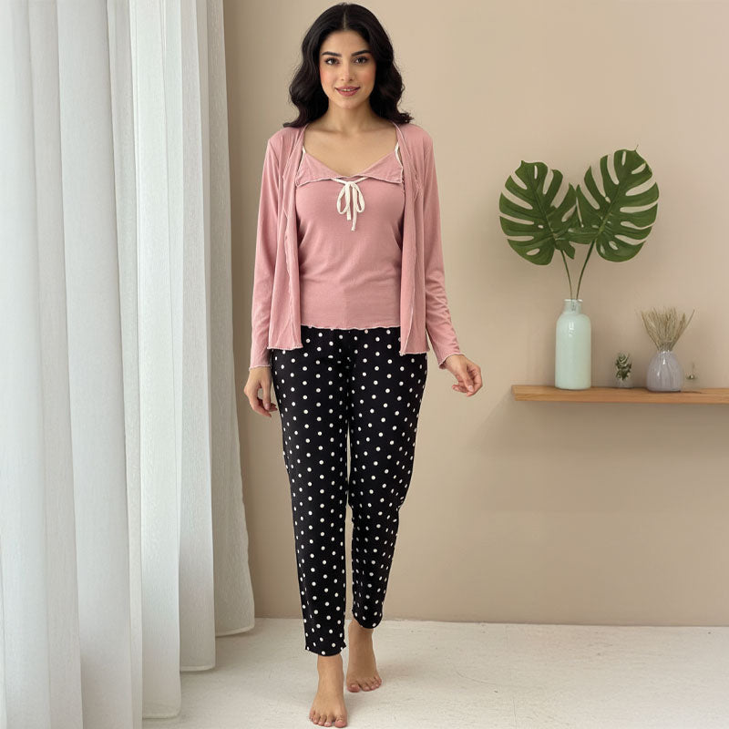 Contrast tie-up Polka Dots 3PC Cotton Pajama Set - Rose Pink