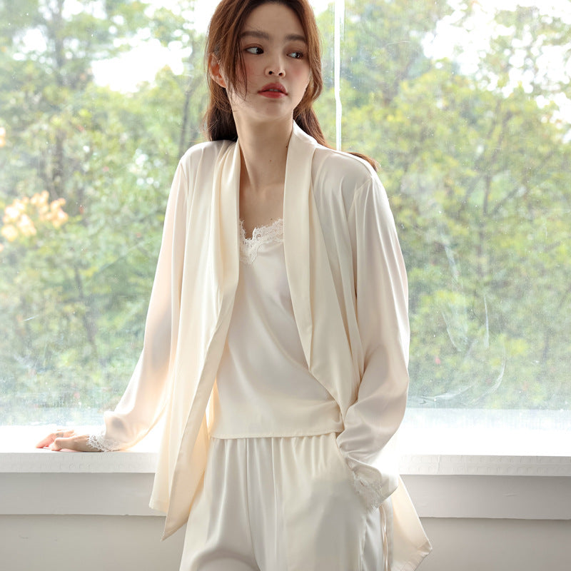 Bridal Lace Trim high quality Ice Silk 3PC Pyjama Set - Ivory