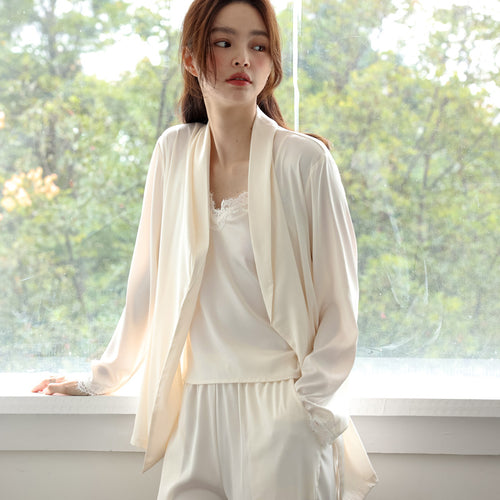 Bridal Lace Trim high quality Ice Silk 3PC Pyjama Set - Ivory