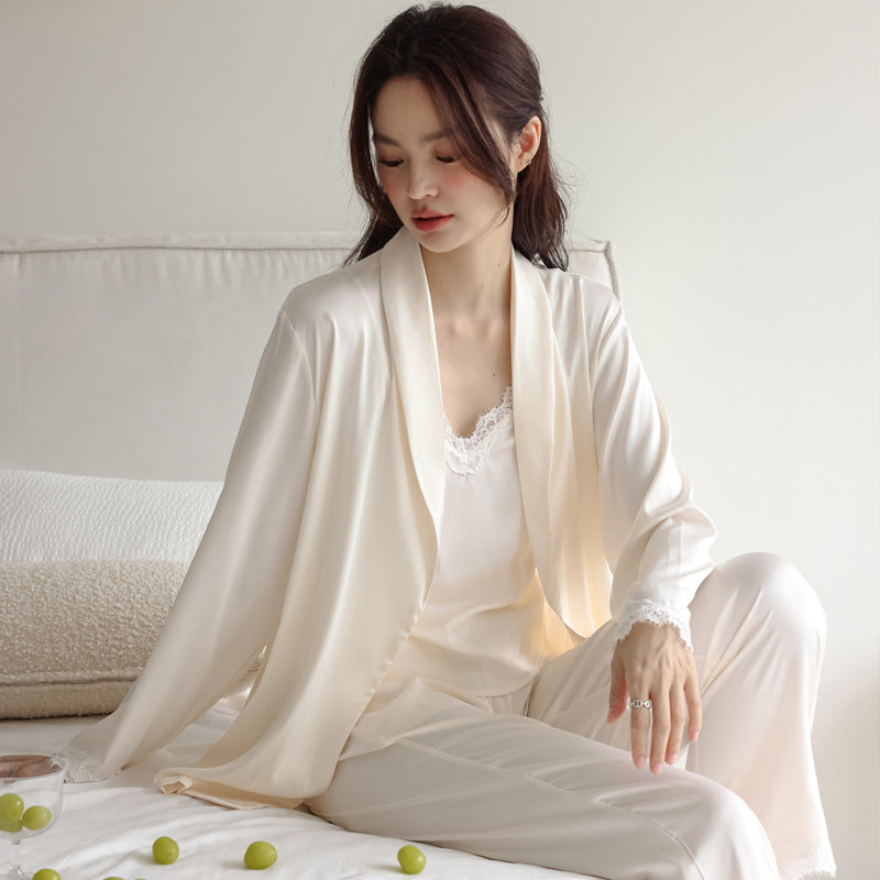 Bridal Lace Trim high quality Ice Silk 3PC Pyjama Set - Ivory