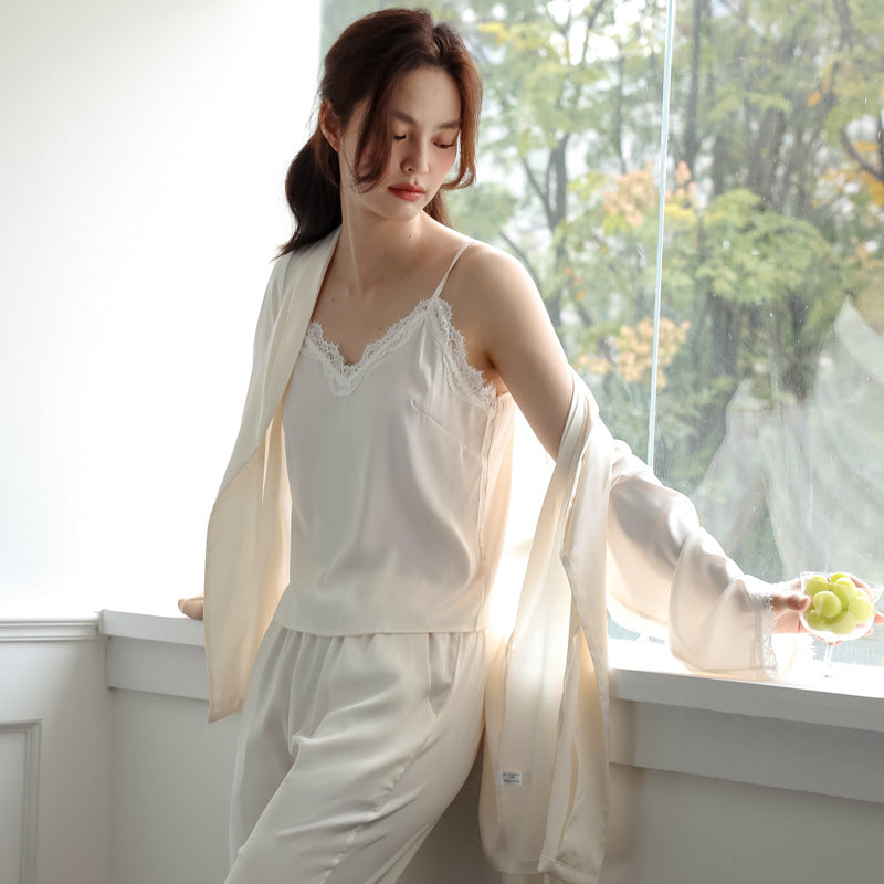 Bridal Lace Trim high quality Ice Silk 3PC Pyjama Set - Ivory