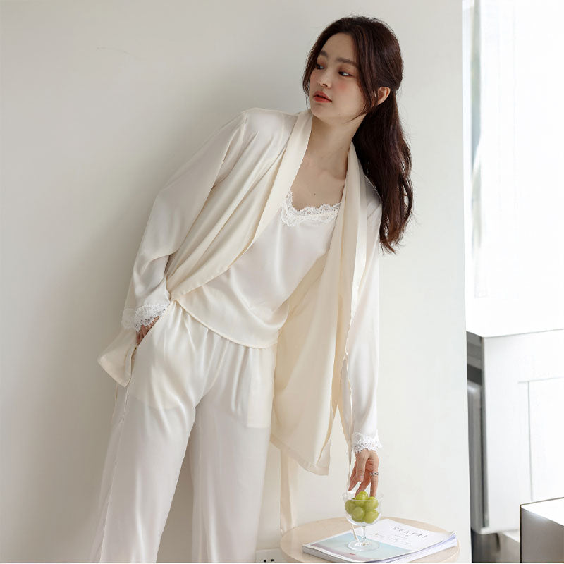 Bridal Lace Trim high quality Ice Silk 3PC Pyjama Set - Ivory