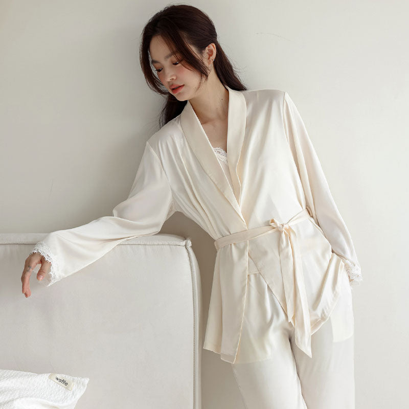 Bridal Lace Trim high quality Ice Silk 3PC Pyjama Set - Ivory