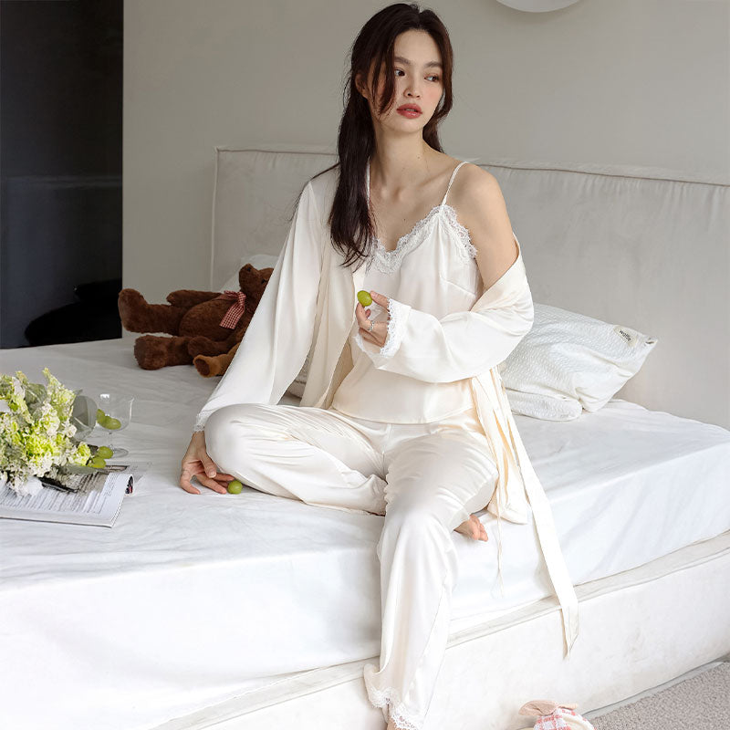 Bridal Lace Trim high quality Ice Silk 3PC Pyjama Set - Ivory