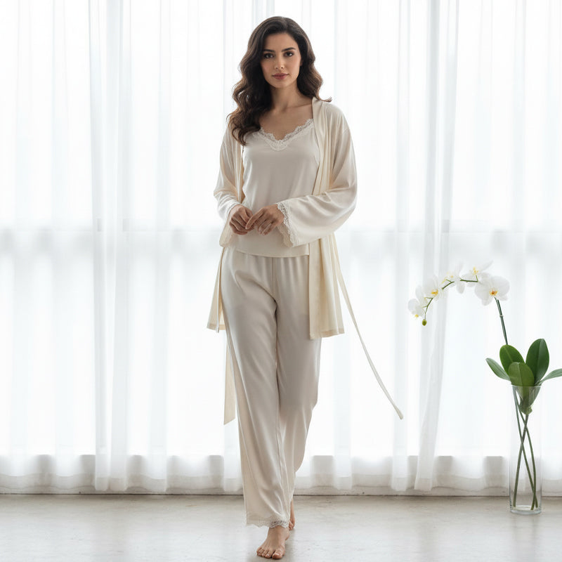 Bridal Lace Trim high quality Ice Silk 3PC Pyjama Set - Ivory